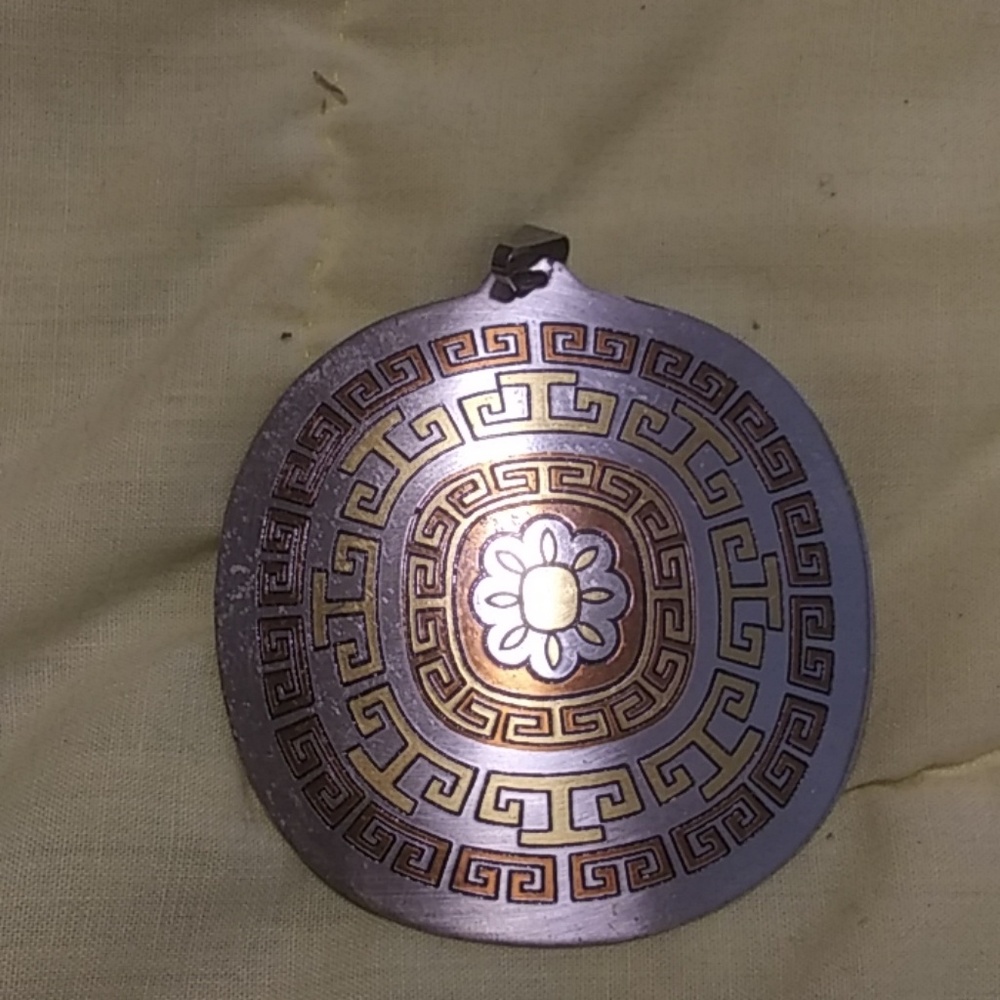 Reed &Barton brass/ pewter boho large circular necklace amlet